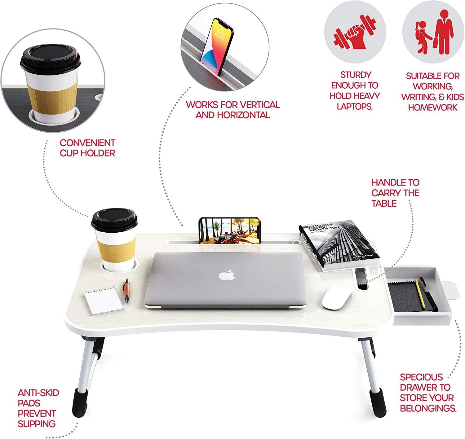 NNEDSZ Laptop Bed Desk with Storage and foldable legs for Adults, Kids & Home Office