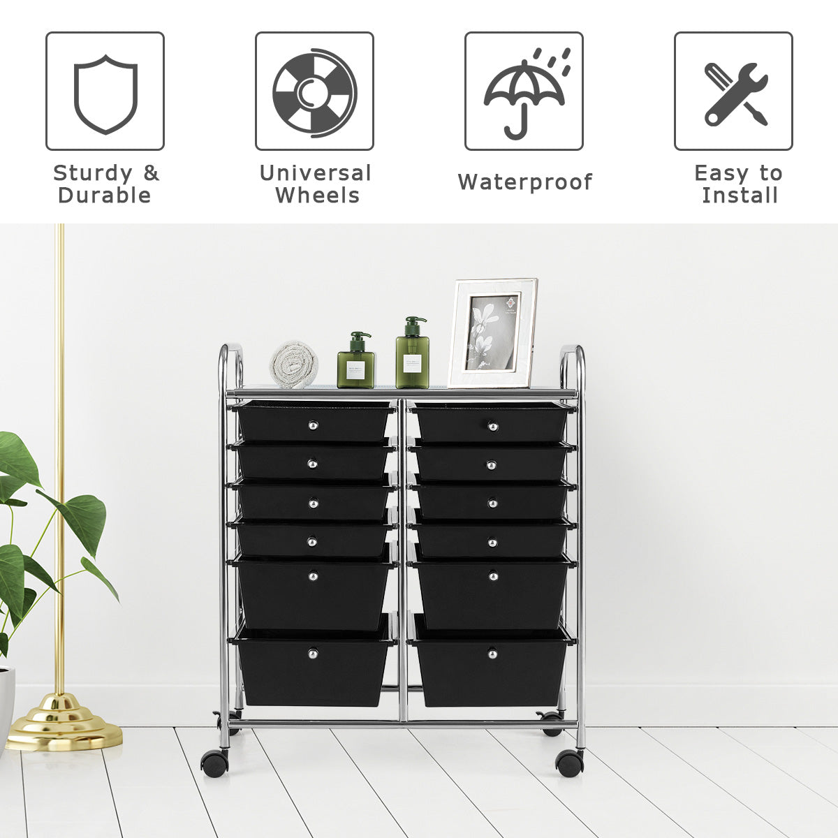 NNECW Movable 12-Drawer Storage Trolley with 2 lockable for Home Office Black