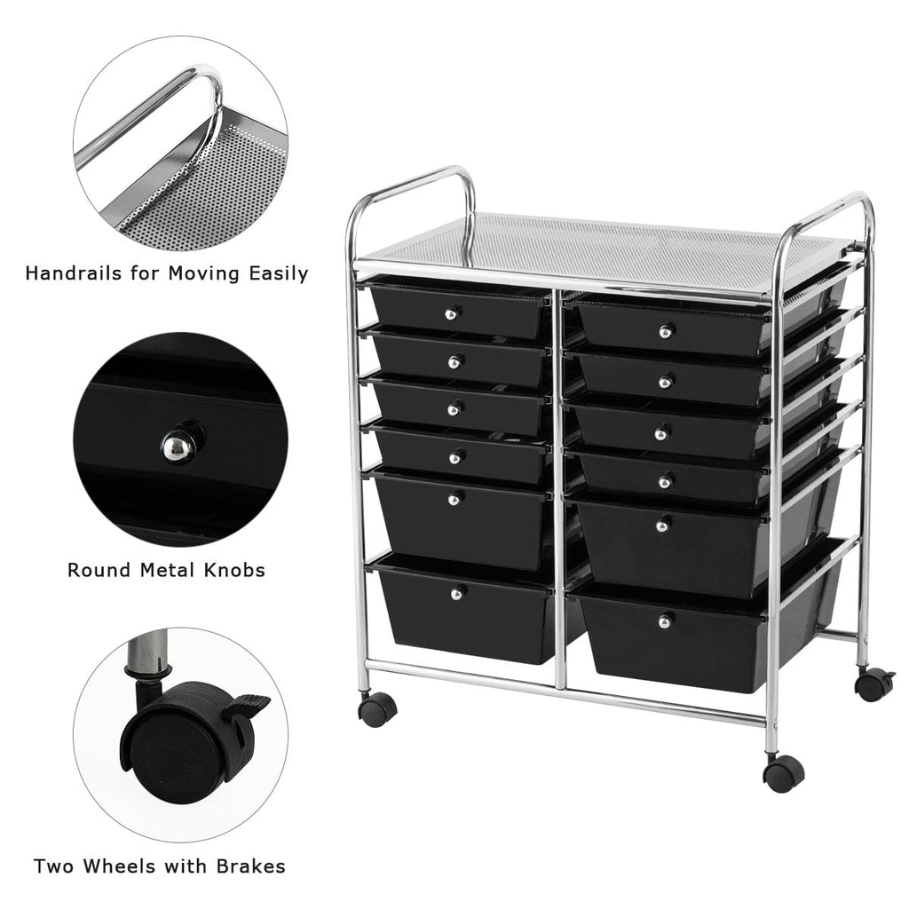 NNECW Movable 12-Drawer Storage Trolley with 2 lockable for Home Office Black