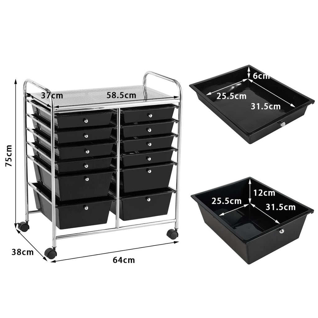 NNECW Movable 12-Drawer Storage Trolley with 2 lockable for Home Office Black