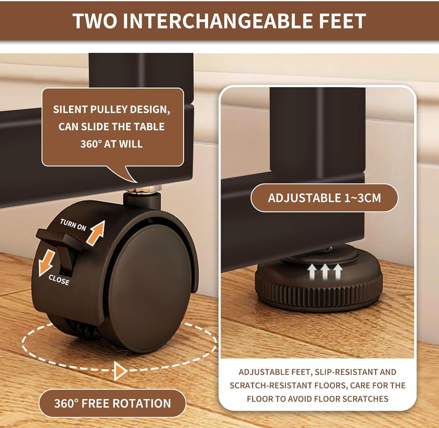 Brown Foldable Computer Desk With Wheels And Storage For Home Office