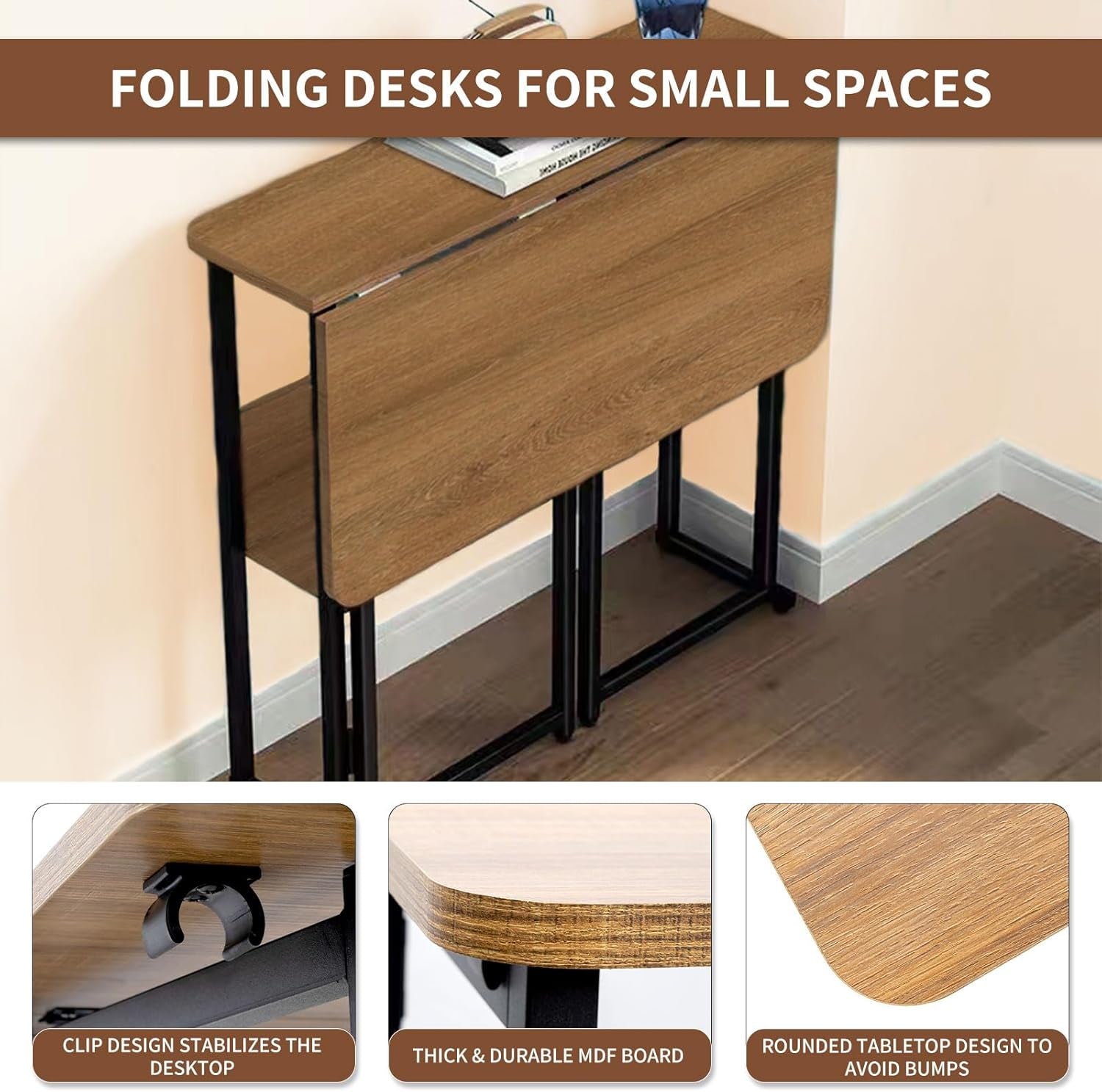 Brown Foldable Computer Desk With Wheels And Storage For Home Office